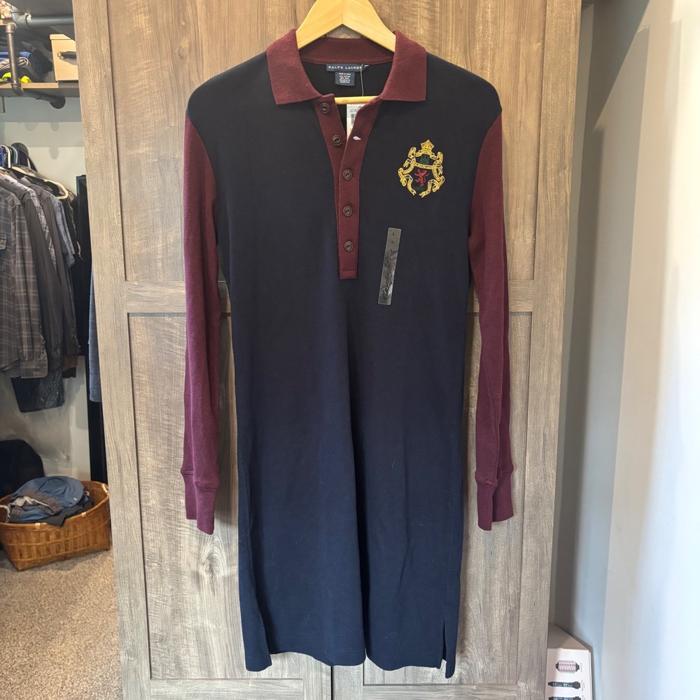NWT Ralph Lauren Sweater Polo Dress Navy Burgundy Cotton Wool Crest Logo Large